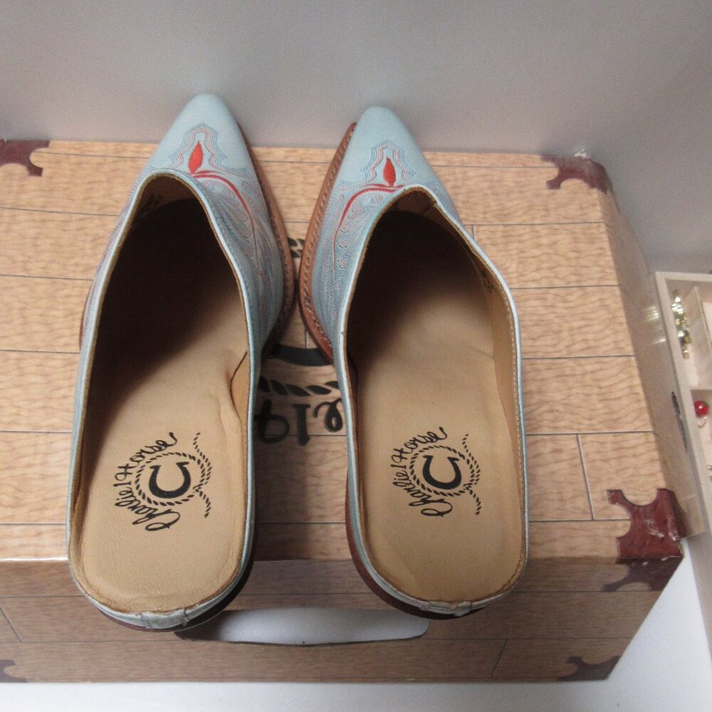 Lucchese Light Blue & Red Embroidered Leather Mules - Picture 6 of 11